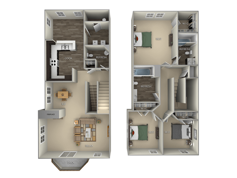 Floor plan for 3 beds, 2.5 baths, 1330 sqft
